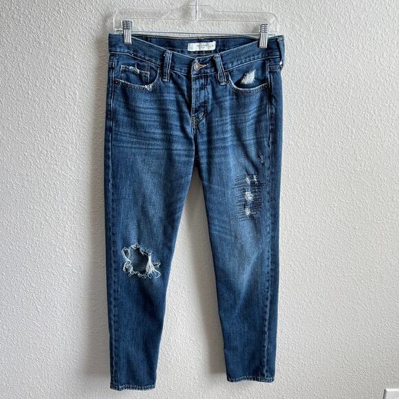 Abercrombie & Fitch Crop Boyfriend Jeans Women's 0/25 Mid Rise Distressed Cotton - Picture 1 of 7